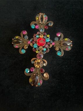 VINTAGE Multicolor Gemstone Cross Brooch